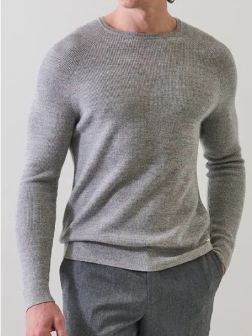 Patrick Assaraf Merino Wool Ribbed Raglan Crewneck Sweater Gray Size L Luxurious